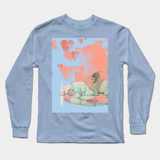 Old pilot with old airplane in the sky with hearts Long Sleeve T-Shirt